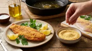 Filetto di pesce impanato con ingrediente secco prima della frittura, servito con limone e prezzemolo