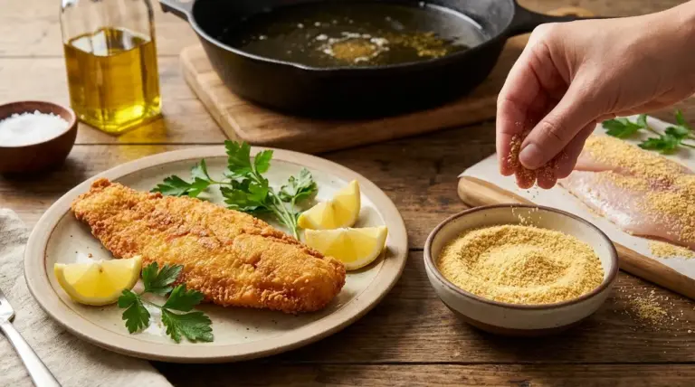 Filetto di pesce impanato con ingrediente secco prima della frittura, servito con limone e prezzemolo