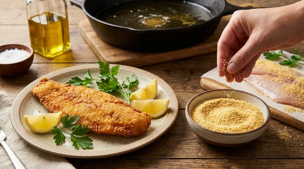 Filetto di pesce impanato con ingrediente secco prima della frittura, servito con limone e prezzemolo