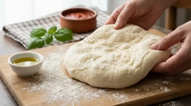 Mani che stendono un impasto per pizza soffice su tagliere infarinato con olio, basilico e salsa di pomodoro