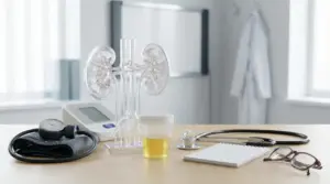 Modello anatomico dei reni con contenitore per analisi delle urine e strumenti medici su una scrivania