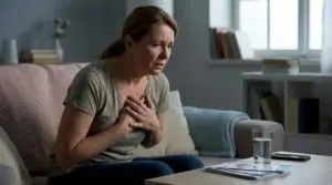 Donna seduta sul divano con le mani sul petto, visibilmente in difficoltà, in un soggiorno di casa