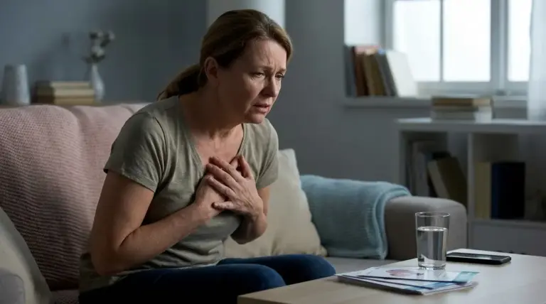 Donna seduta sul divano con le mani sul petto, visibilmente in difficoltà, in un soggiorno di casa