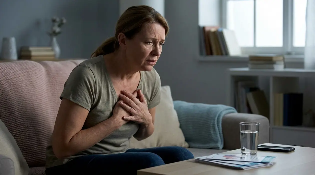 Donna seduta sul divano con le mani sul petto, visibilmente in difficoltà, in un soggiorno di casa