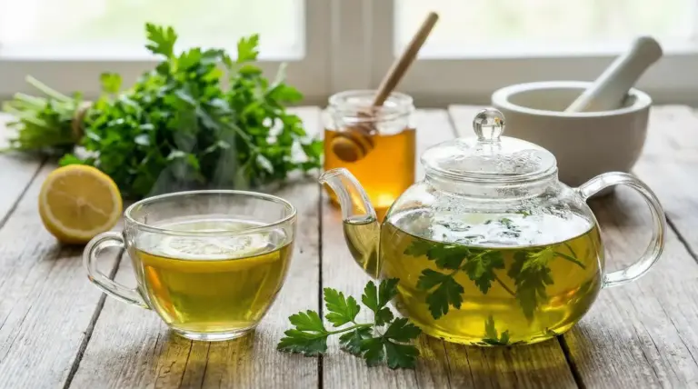 Teiera e tazza di infuso di prezzemolo su tavolo di legno, con prezzemolo fresco, limone e miele sullo sfondo