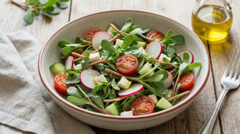 Insalata di portulaca con pomodorini, ravanelli, cetriolo e formaggio in una ciotola su tavolo di legno