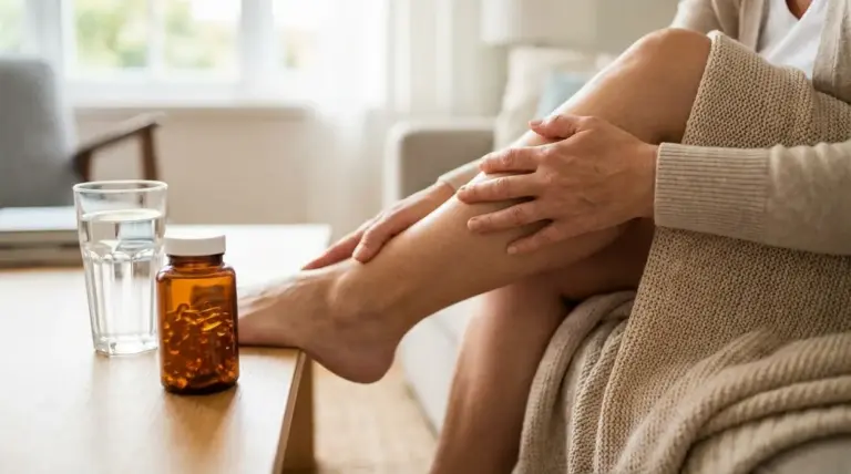 Persona seduta sul divano con mano sulla gamba, accanto a un integratore e un bicchiere d’acqua