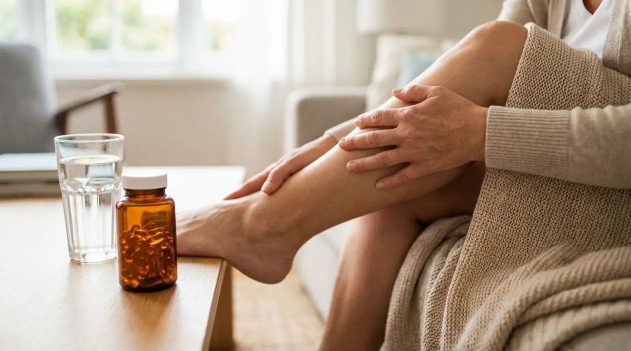 Persona seduta sul divano con mano sulla gamba, accanto a un integratore e un bicchiere d’acqua