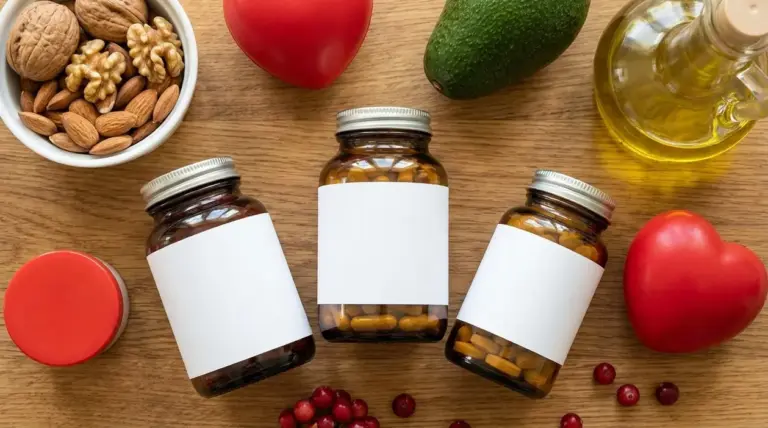 Flaconi di integratori con noci, mandorle, avocado e olio d'oliva su tavolo, tema colesterolo alto