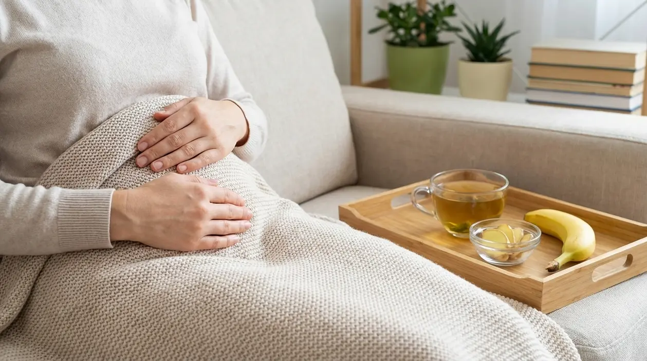 Persona sul divano con le mani sull’addome, tisana e frutta, immagine legata a intestino infiammato e rimedi naturali