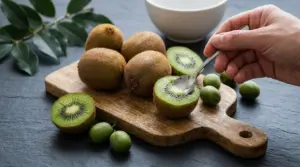 Mano che mangia un kiwi tagliato a metà con un cucchiaino su tagliere di legno