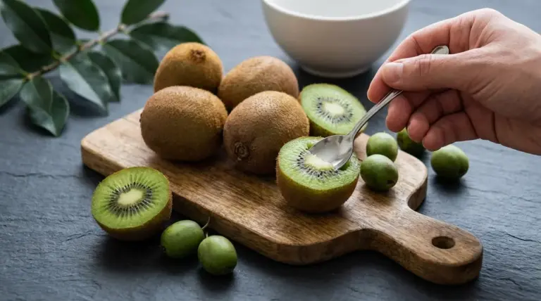 Mano che mangia un kiwi tagliato a metà con un cucchiaino su tagliere di legno
