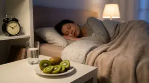 Persona che dorme a letto con kiwi tagliati e un bicchiere d’acqua sul comodino