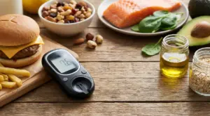 Cibi vari su tavolo: hamburger e patatine, salmone, avocado, frutta secca, olio e fiocchi d’avena