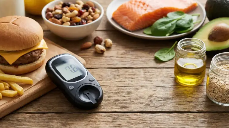 Cibi vari su tavolo: hamburger e patatine, salmone, avocado, frutta secca, olio e fiocchi d’avena