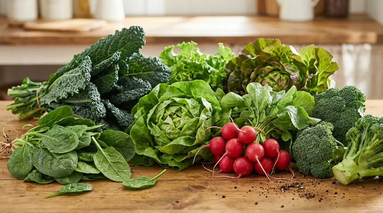 Verdure fresche su un tavolo di legno: spinaci, cavolo nero, lattuga, ravanelli e broccoli