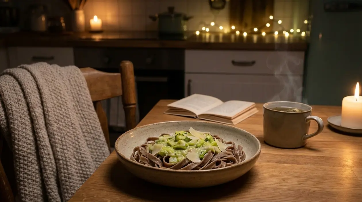 Piatto di pasta integrale con verdure su tavolo apparecchiato in una cucina serale accogliente