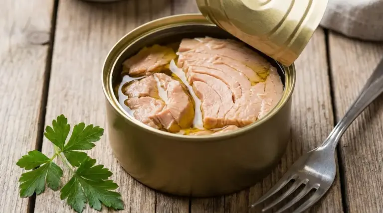 Scatoletta di tonno aperta con tranci di tonno in olio su tavolo di legno, con forchetta e prezzemolo