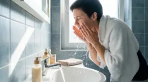 Persona in bagno che si sciacqua il viso con acqua dal rubinetto, con asciugamano sulle spalle