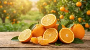 Arance intere e tagliate su tavolo di legno con foglie, sullo sfondo un aranceto illuminato dal sole