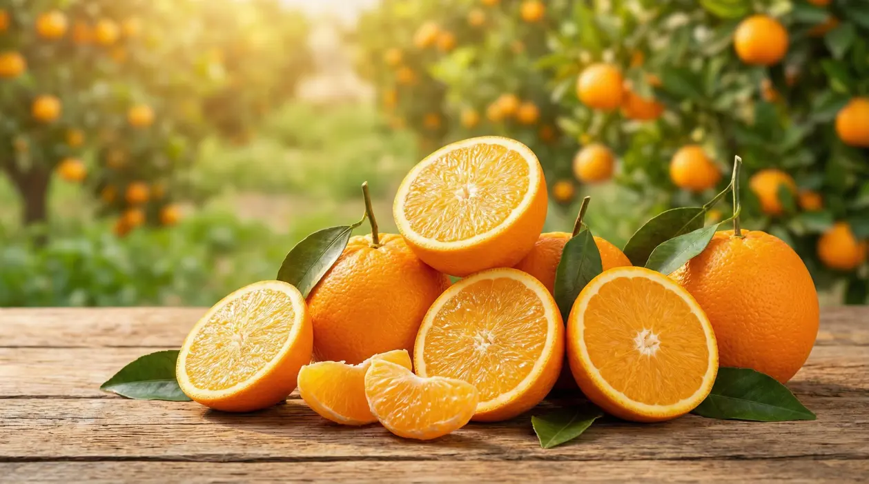 Arance intere e tagliate su tavolo di legno con foglie, sullo sfondo un aranceto illuminato dal sole