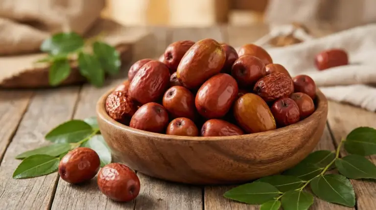 Ciotola di legno con giuggiole mature e foglie verdi su tavolo di legno rustico