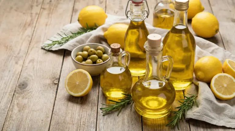 Bottiglie di olio di oliva con limoni freschi, olive verdi e rosmarino su tavolo di legno