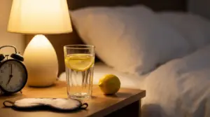 Bicchiere d’acqua con fette di limone sul comodino accanto al letto, con lampada e sveglia