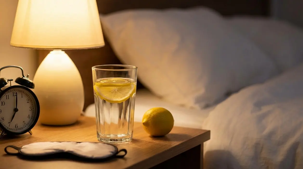 Bicchiere d’acqua con fette di limone sul comodino accanto al letto, con lampada e sveglia