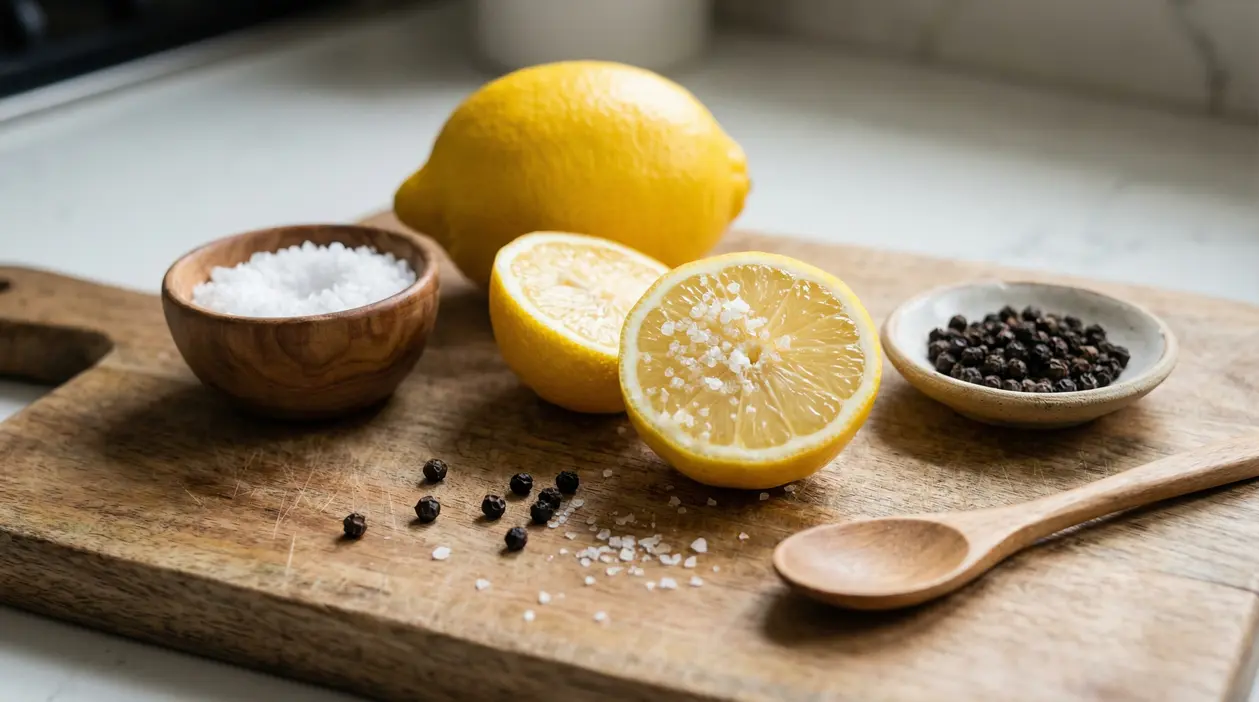 Limoni tagliati con sale grosso e pepe nero su tagliere di legno, con ciotoline e cucchiaio