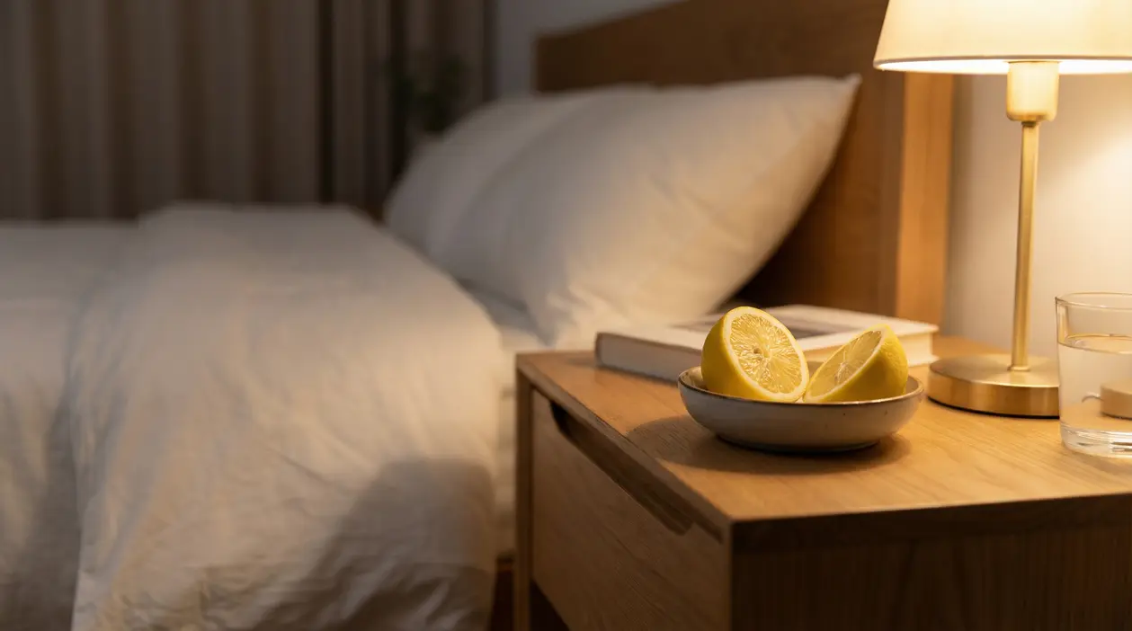 Metà di limone in una ciotola sul comodino accanto a una lampada, con letto sullo sfondo