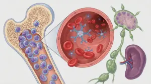Illustrazione di midollo osseo, sangue con anticorpi, linfonodi e milza legati alla macroglobulinemia di Waldenström