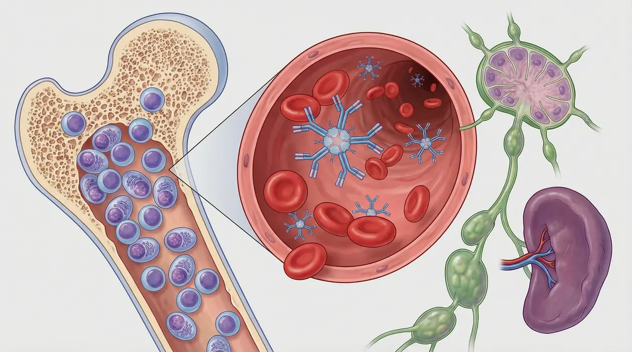 Illustrazione di midollo osseo, sangue con anticorpi, linfonodi e milza legati alla macroglobulinemia di Waldenström