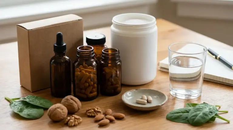 Integratori in flaconi e barattolo con bicchiere d’acqua, noci e spinaci su un tavolo, in tema magnesio e memoria