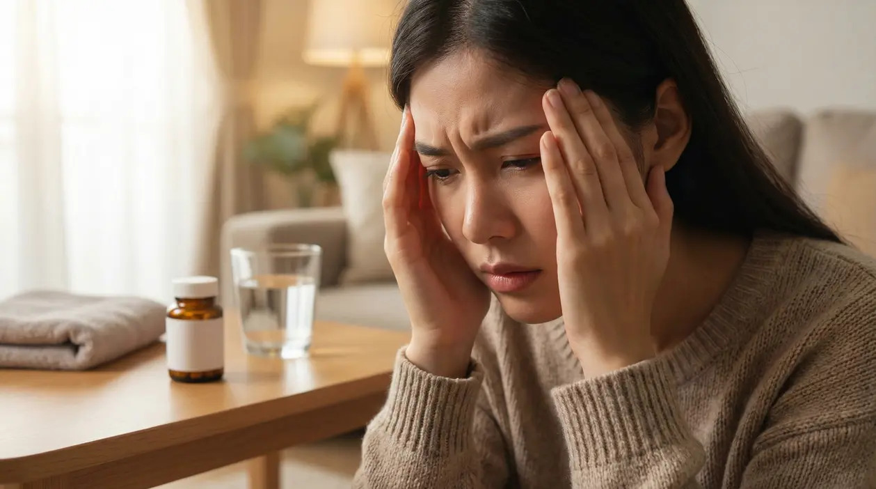 Persona con mal di testa che si massaggia le tempie, con un bicchiere d’acqua e un flacone sul tavolo