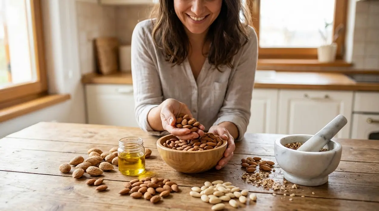 Donna in cucina con una ciotola di mandorle, olio di mandorle e frutta secca sul tavolo