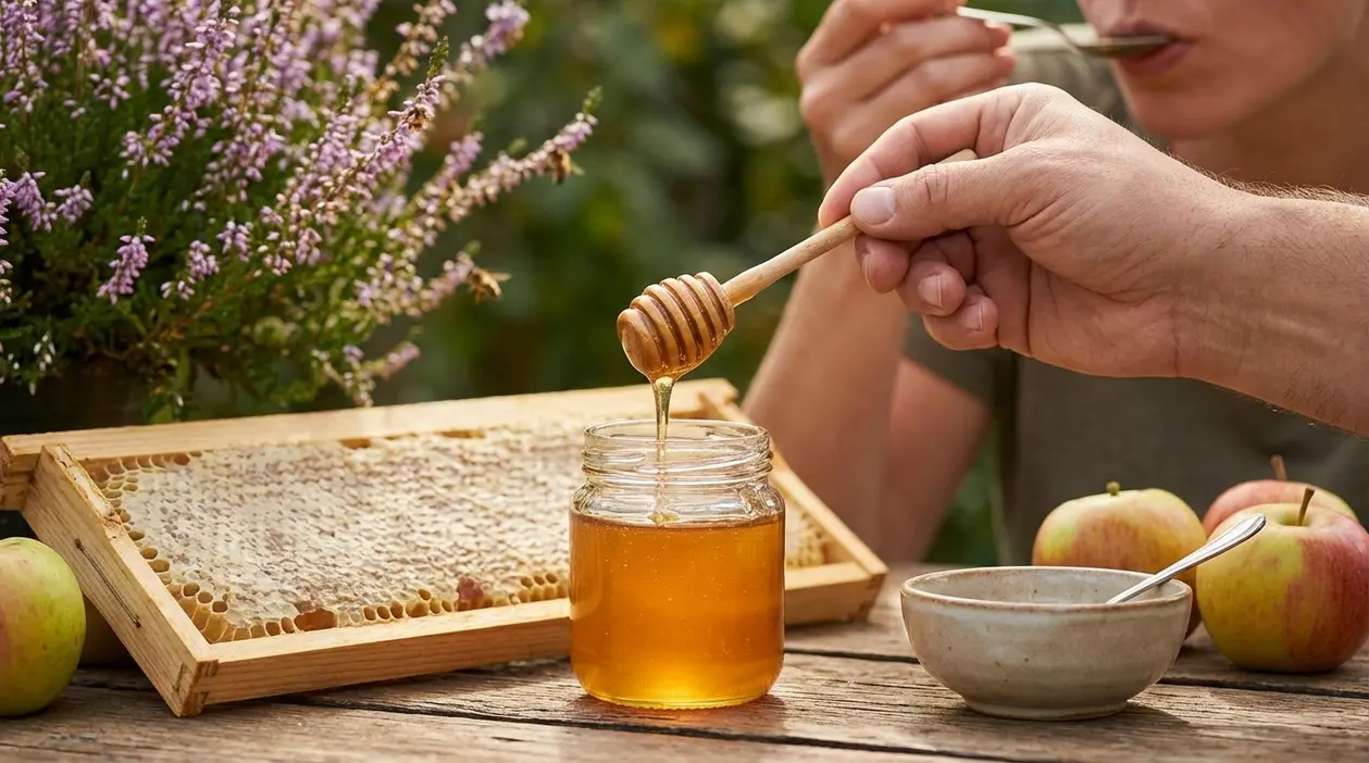 Persona versa miele da un mestolo in un barattolo accanto a un favo, con mele su un tavolo all’aperto