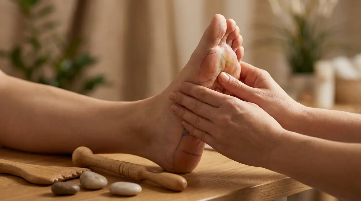 Mani che massaggiano la pianta del piede, indicando un punto di pressione per il benessere