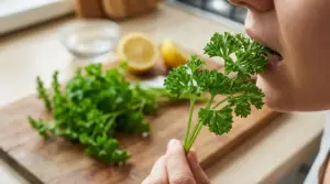 Persona che mastica un ciuffo di prezzemolo fresco in cucina, con limone e erbe aromatiche sullo sfondo