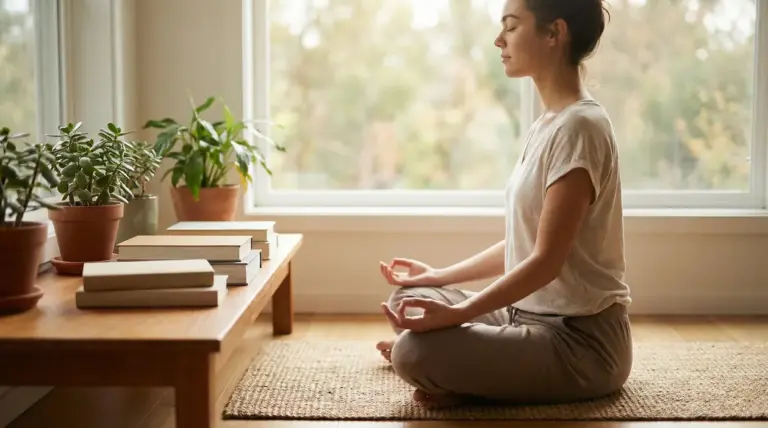 Donna seduta in meditazione vicino a una finestra luminosa, in un ambiente domestico tranquillo
