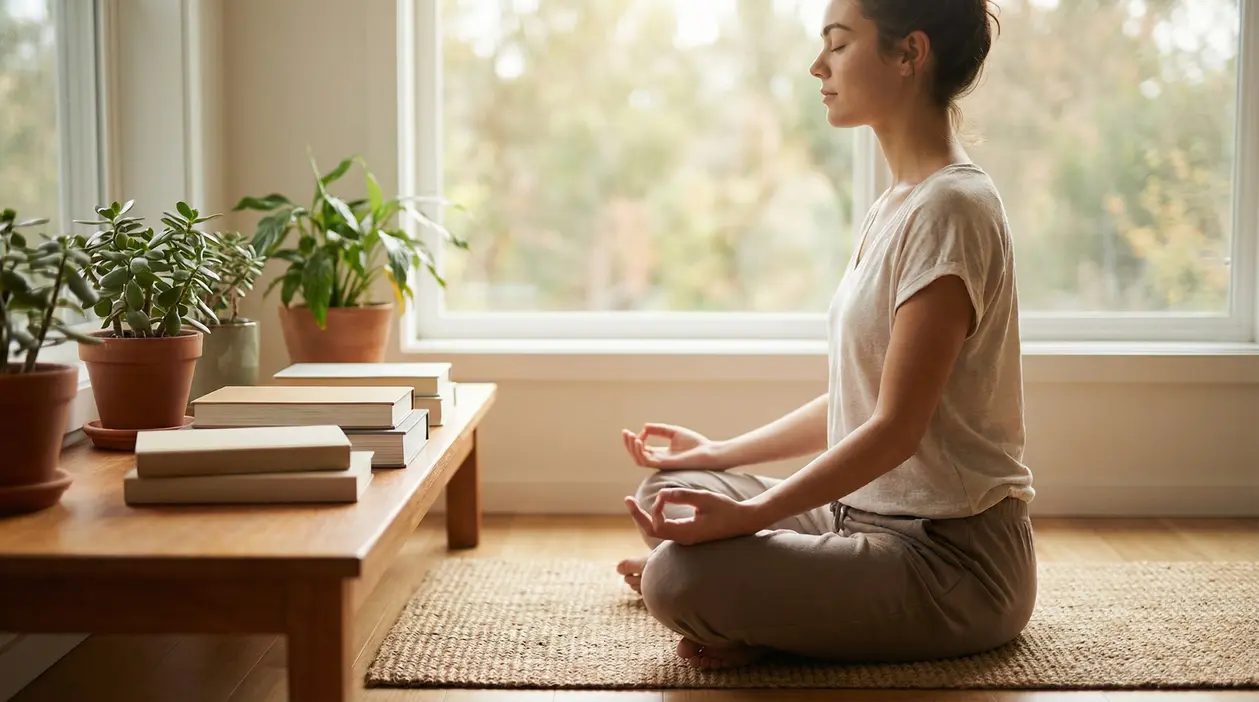 Donna seduta in meditazione vicino a una finestra luminosa, in un ambiente domestico tranquillo