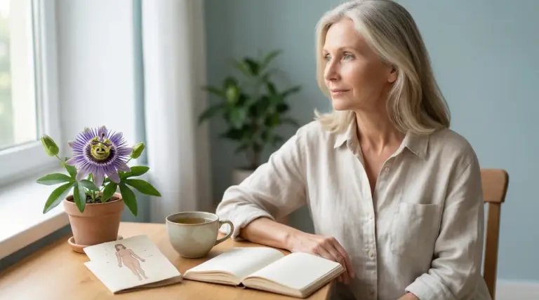 Donna matura seduta al tavolo vicino a una finestra, con tazza di tè, quaderno aperto e pianta in vaso