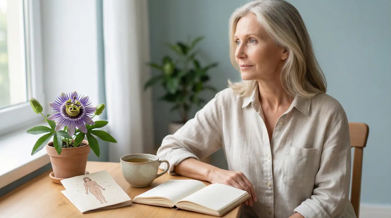 Donna matura seduta al tavolo vicino a una finestra, con tazza di tè, quaderno aperto e pianta in vaso