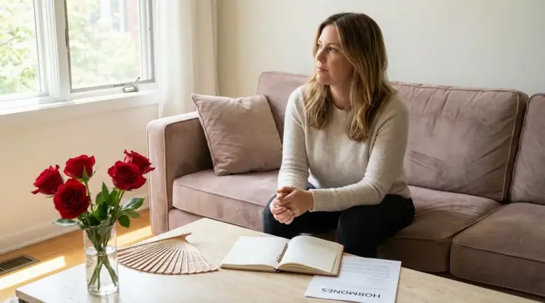 Donna seduta sul divano in casa, pensierosa, con ventaglio e quaderno sul tavolo