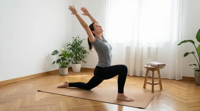 Persona che esegue un affondo in ginocchio su tappetino, braccia sollevate, in casa vicino a una finestra