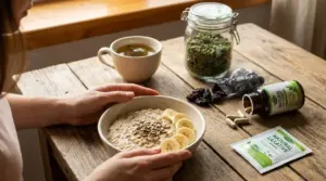 Persona con una ciotola di porridge, tisana ed erbe naturali su un tavolo, per il benessere intestinale dopo i 50 anni