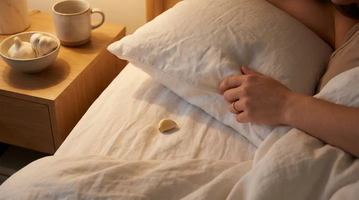 Persona a letto con un cuscino, vicino a uno spicchio d’aglio sul lenzuolo e aglio sul comodino
