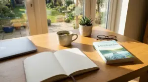 Scrivania luminosa con tazza di tè, quaderno aperto, libro sulla mindfulness, occhiali e pianta vicino a una finestra