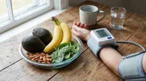 Misurazione della pressione accanto a banana, avocado, spinaci e mandorle su un tavolo di legno