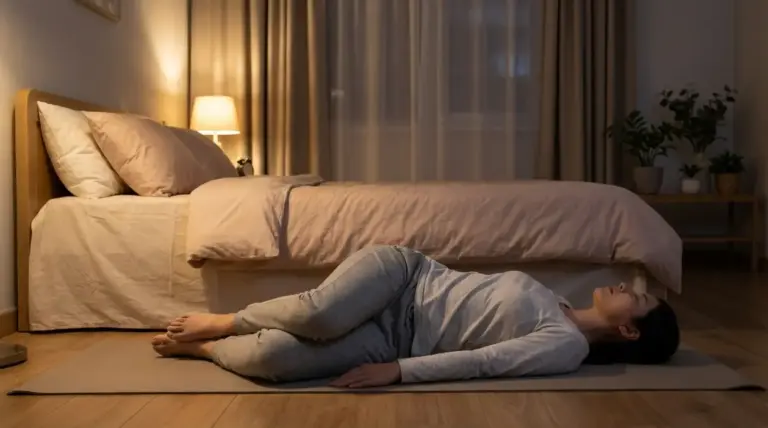 Persona sdraiata su un tappetino vicino al letto mentre esegue un movimento di rilassamento serale prima di dormire